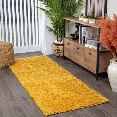 Image de Surya Home Tapis Shaggy Uni de Couloir, Salon, Salle à Manger, Chambre, Cuisine, Entrée Poil Long Moelleux et Doux, Beige Motif Berbère, Grand Chambre Monochrome 80x220cm Jaune