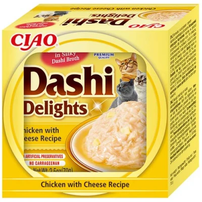 Image de INABA Dashi Delights Morceaux dans Un Bouillon de Flocons bonite au Poulet &amp; Fromage 1 x 70g Délicieuse et Saine Topping Riche en protéines Ingrédients naturels Pâtée pour Chat