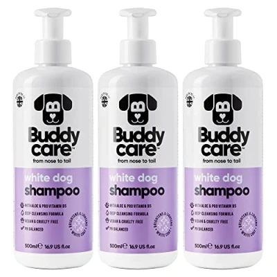 Image de Shampooing Blanc pour Chien par Buddycare éclaircissant Chiens Nettoyage en Profondeur, Parfum Frais avec de l&#039;aloe Vera et la provitamine B5 (500ml x3)