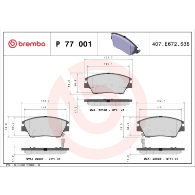 Image de BREMBO P 77 001 Jeu de plaquettes frein avec indicateur d&#039;usure sans accessoires SSANGYONG: Tivoli SUV, XLV SUV