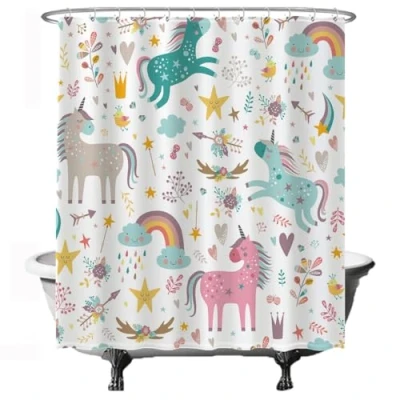 Image de Ulticool Rideau de Douche Licorne Unicorn Cheval Nuage Étoile Arc en Ciel 180x200cm Anti Moisissure Lavable Imperméable avec 12 Anneaux Rose Vert Beige Blanc