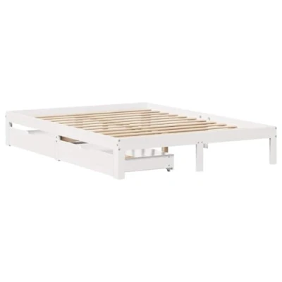Image de vidaXL Cadre de lit avec tiroirs Blanc 140x190 cm Bois pin Massif, sommier, Double, en Massif