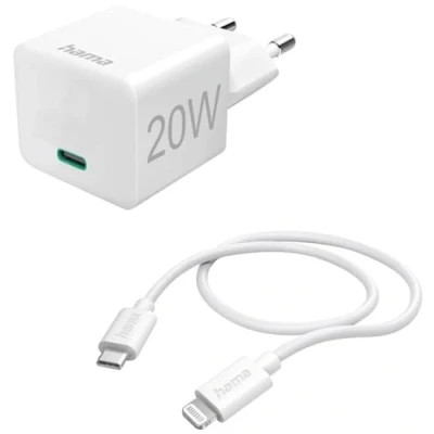 Image de Hama Chargeur Rapide iPhone 20W (Chargeur USB C Rapide, Certifié Apple MFI, Cable vers Lightining 1m Inclus, Mini Compact, PD) Blanc