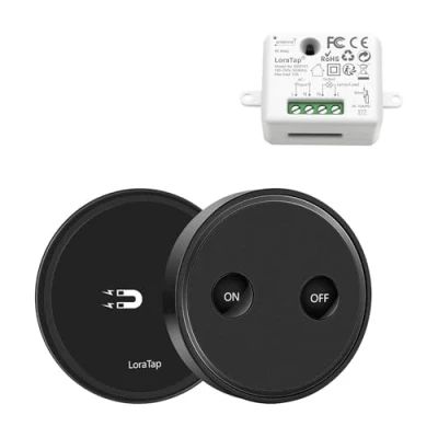 Image de LoraTap Kit Interrupteur Sans Fil, Récepteur 2500W, Portée 200M, Emetteur Radio 868Mhz, 10 ans Autonomie, Va et vient, Commande à Distance Mural Fil ON/OFF Pour Eclairage (Noir)