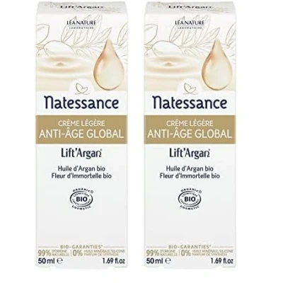 Image de Natessance Crème Légère Anti Âge Global Lift’Argan Action complète sur les signes du vieillissement cutané : rides, fermeté, sécheresse Peaux normales à mixtes 98% d’origine naturelle50 ml