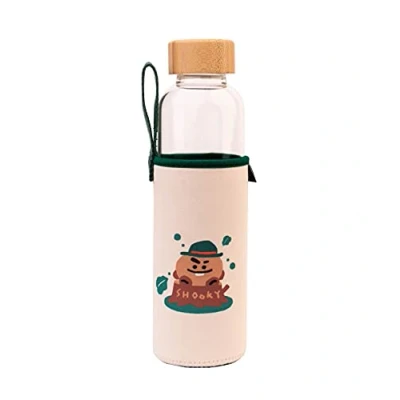 Image de Erik Bouteille en Verre BT21 Shooky Capacité 50 cl, avec Bouchon Bambou et Protection, Inclut un Étui Néoprène Dragonne, Gourde verre, 500 ml