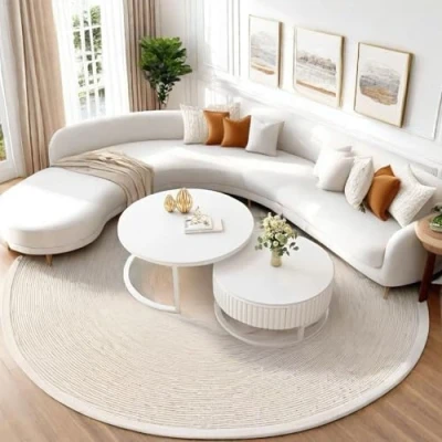 Image de Pquaezortic Moderne Table Basse Salon Ronde Blanche De Lot 2 Gigogne 50+70cm D&#039;appoint avec Tiroirs Marbre Tables Basses Cadre Robuste en Métal