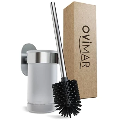 Image de ovimar Tranerodde brosse WC Argent Support mural sans perçage en silicone avec fonction d&#039;aération à coller acier inoxydable Tête de interchangeable