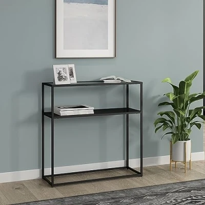 Image de [en.casa] Table Console pour Entrée Salon Couloir Cuisine d&#039;Appoint Meuble d&#039;Entrée avec Surface de Rangement Métal Verre Trempé 80 x 30 cm Noir Transparent