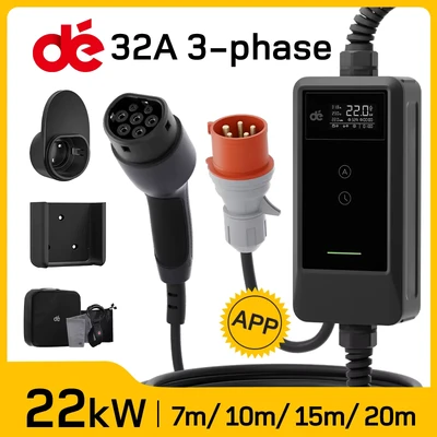 Image de dé Chargeur Voiture Electrique [22kW, Triphasé, 7m, 6 32A] Type 2 Prise CEE avec Support EV Station de Charge Mobile/Wallbox écran Numérique