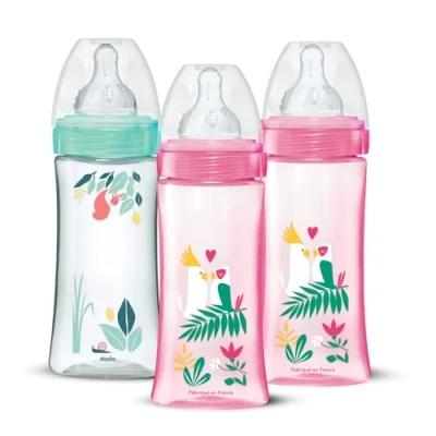 Image de DODIE Lot de 3 Biberons Anti Coliques Tétines Rondes 330ml +6 mois vitesses Débit Rose et vert