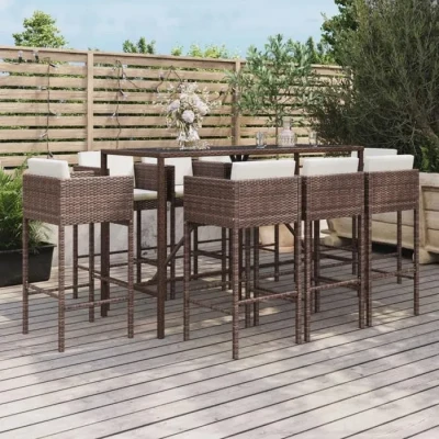 Image de vidaXL ensemble de bar jardin 9 pcs avec coussins marron poly rotin, table bar, et chaise 3200650