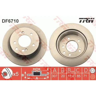Image de TRW DF6710 Disque de frein 307 20 5 130 ventilé peint SSANGYONG: RODIUS I, Stavic SUV, 2