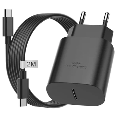 Image de 25W Chargeur Samsung Charge Rapide avec Câble USB C 2M pour Galaxy S24 Ultra S23 S22 S21 S20, Adaptateur Prise Secteur Type (Noir)