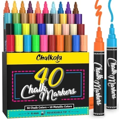 Image de Chalkola 40 Marqueur Craie Lot De Stylos Néon, Classique Et Métallique Utilisé Sur Tableau Blanc, Noir, Fenêtre Balle Réversible 6 mm Pointe Ciseau Pour Enseignants Artistes
