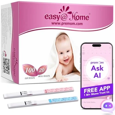 Image de Easy@Home 100 x Tests d&#039;Ovulation + 20 Précoces de Grossesse Soutenu par l’Appli Premom Française