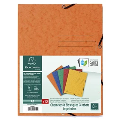 Image de Exacompta Réf. 55400E Paquet de 10 chemises à élastiques imprimées pochettes 3 rabats en carte lustrée 355 g/m2 dimensions 24 x 32 cm pour documents au format A4 5 couleurs assorties