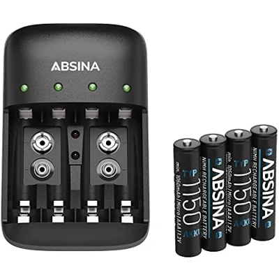 Image de ABSINA Chargeur de Piles Rechargeables AA AAA &amp; 9V + 4X 1150 Pile NiMH avec 4 emplacements Rechargeable pour AAA, Pile, Chargeurs