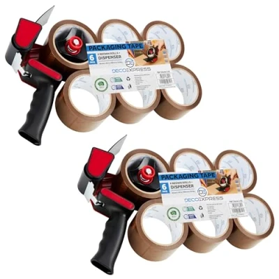 Image de Ruban Adhésif d&#039;Emballage Kit Dévidoir et 6 Rouleaux Rubans Adhésifs Marron Transparent Fragile pour Cartons Déménagement Colis (Dévidoir Pistolet Brun, Lot de 2)