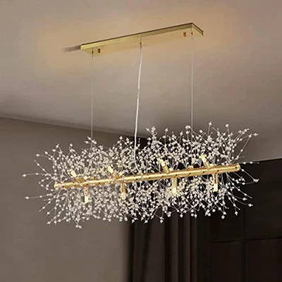 Image de EFPD Lustre moderne en cristal forme de feu d&#039;artifice, pissenlit doré rectangulaire, pour salle à manger, chambre coucher, salon (12 lampes, 92cm)