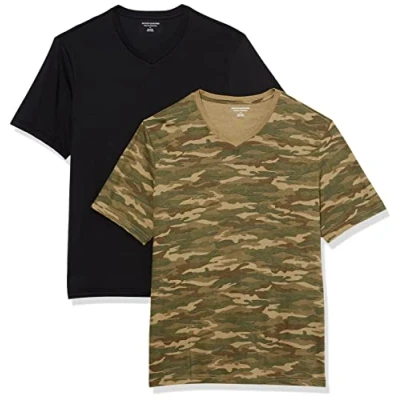 Image de Amazon Essentials T Shirts Col en v à Manches Courtes Homme, Lot de 2, Imprimé Motifs Camouflage/Noir, M