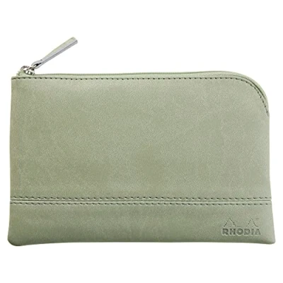 Image de RHODIA 116533C Pochette Zippée en Simili Cuir Céladon Taille S (11 x 17 cm) Coutures Véritables Intérieur Tissu Orange Rangement Documents, Petites Fournitures