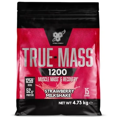 Image de BSN True Mass 1200, protéines en poudre, gain de masse avec isolat whey et glucides, poids muscle récupération Post Workout, goût Milkshake à la fraise, 15 portions, 4,8 kg