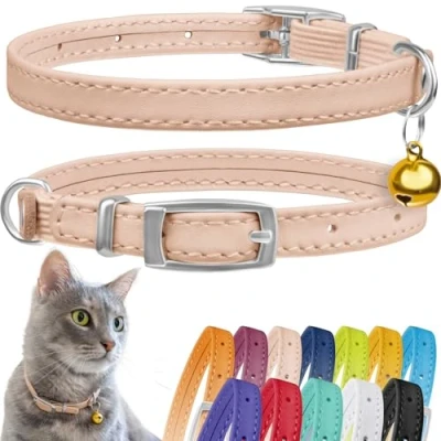 Image de CollarDirect Collier pour Chat en Cuir, de Sécurité avec Sangle Elastique, Chaton Cloche Noir Bleu Rouge Orange Vert Lime (Beige, 20 28 cm)
