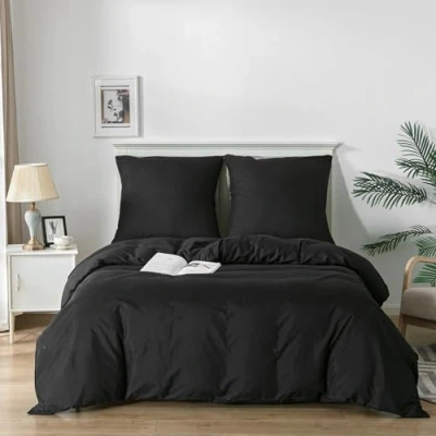 Image de Good Nite Housse de Couette Parure lit Brossé 3Pièces Microfibre brossée Douce et taie d&#039;oreiller (Noir, 200x200cm+2x80x80cm)