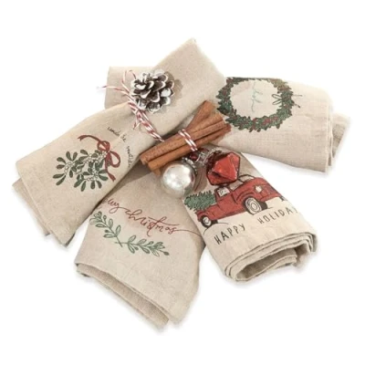 Image de Loberon Lot de Serviettes Camon Table Beiges avec des Motifs Noël colorés en Tissu Lin Lavables et réutilisables 4 pièces Beige