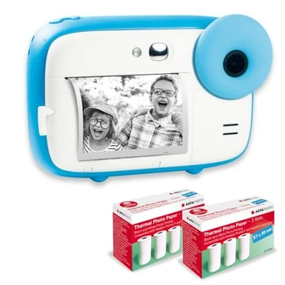 Image de AGFA Photo Pack Realikids Instant Cam + 6 Rouleaux Papier Thermique ATP3WH supplémentaires Appareil Instantané Enfant, Ecran LCD 2,4&#039;, Batterie Lithium, Miroir Selfie et Filtre Bleu