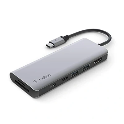 Image de Belkin Adaptateur Multiport 7 en 1 (avec 4K HDMI, USB C, 2 x A, Audio 3,5 mm, SD 3.0 et Micro 3.0, pour MacBook Pro/Air, iPad Pro, XPS, etc.) AVC009BTSGY Noir