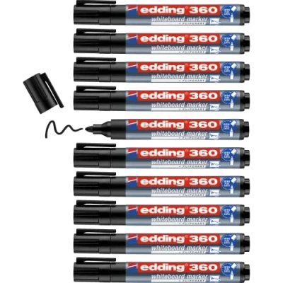 Image de edding 360 Marqueur pour tableaux blancs noir 1 stylo pointe ronde 1,5 3 mm feutre effaçable blanc, magnétique, mémo et chevalet de conférence sketchnotes rechargeable