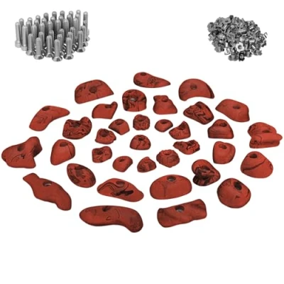 Image de ALPIDEX 35 Prises d&#039;escalade de kit débutant pour 3 à 5 m² env. Surface vis et 100 écrous insérer incluses, Couleur:Rouge moucheté