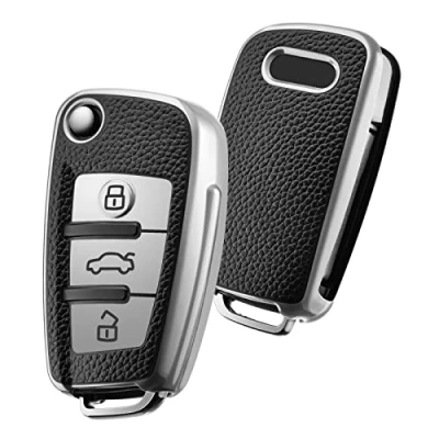 Image de OATSBASF Clé de Voiture Compatible avec Audi A1 A3 A4 A6 Q3 Q5 Q7 S3 R8 TTs Accessoires Protection en Cuir Silicone TPU (Argent)