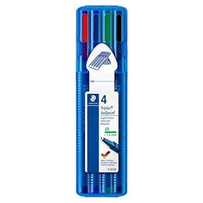 Image de Staedtler Triplus Ballpoint, Stylos bille triangulaires à pointe extra large, Étui chevalet avec 4 couleurs lumineuses assorties, 437 XBSB4