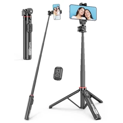 Image de Perche a Selfie Trépied Aluminium, Trepied Smartphone Extensible avec Télécommande &amp; 360 Tête de Boule Stick Cold Shoe Voyage Compatible iphone 16/15/14/Android