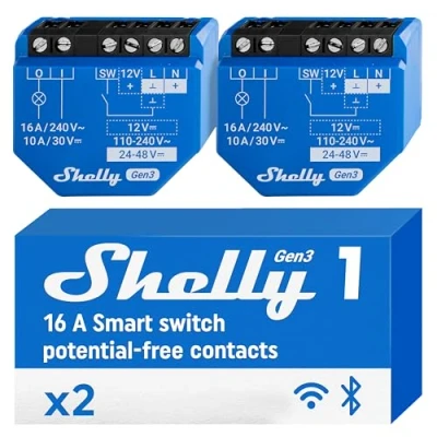 Image de Shelly 1 Gen3 Interrupteur connecté avec contacts secs, Wi Fi et Bluetooth, Commande à distance éclairage par app, Compatible Alexa Google Home, Aucun Hub Requis, 8MB Chip (2 Pack)