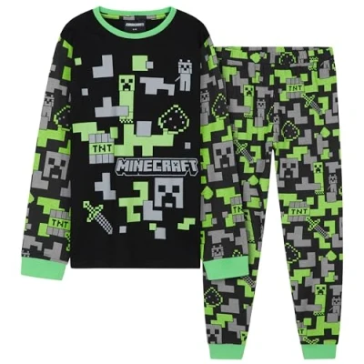 Image de Minecraft Ensembles de Pyjama Garçon, Enfant Garcon Coton Hiver Ensemble Ado 7 14 Ans (Noir/Vert, 9 10 Ans)