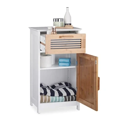 Image de Relaxdays Armoire Basse Salle de Bain, Tiroir, Aspect naturel, Tablette Hauteur modulable, MDF, HLP 70x40x28,5 cm Blanc