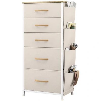 Image de YITAHOME Commode avec Poches latérales et Crochets, à 5 Tiroirs en Tissu Meuble de Rangement Dessus Bois pour Chambre Coucher, Salon, d&#039;enfant, Beige