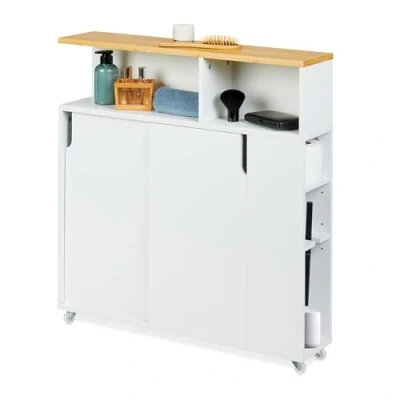 Image de Relaxdays Armoire étroite, roulettes, 6 compartiments, porte brosse WC, HLP : 79 x 17 75cm, MDF, bambou, blanc/naturel