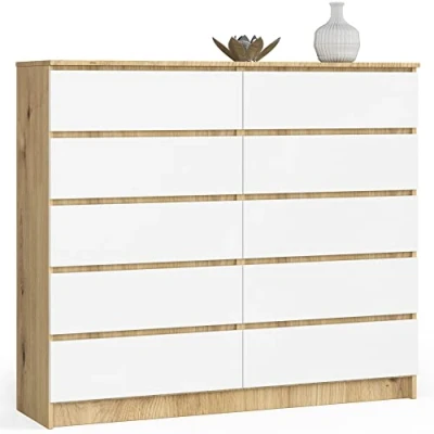 Image de AKORD Commode K 140 avec 10 (2 x 5) tiroirs Salon Rangement Meubles de L138 H121 P40 cm, Poids 75 kg Artisan Chêne &amp; Façade Blanc