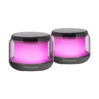 Image de MARSGAMING MS Aura, Haut parleurs Bluetooth 5.3, Chipset DSP Personnalisé 15W, Éclairage RGB Design Clearview 360º, Compacts avec Boîtier de Contrôle Volume et RGB, Entrée AUX in, Noir