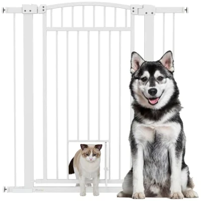 Image de PawHut barrière de sécurite Chien Extensible 76 104 cm, d&#039;escalier et Portes avec système Double Verrouillage, Montage par Pression ou perçage, Chat, Blanc