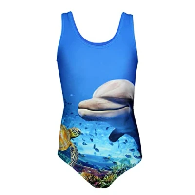 Image de Aquarti Maillot de Bain Fille Natation Une Pièce Imprimé Dauphin, Dauphin/Bleu/Vert, 140