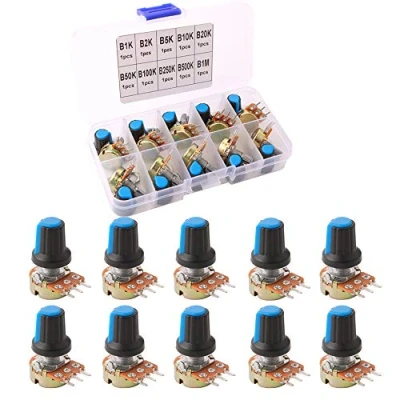 Image de FULARR® 10Pcs Premium Linéaire Rotatif Cône Potentiomètre Set, Réglable 3 Bornes avec Bouton Capuchon (B1K～B1M Ohm)