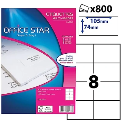 Image de OFFICE STAR Boite de 800 étiquettes autocollantes blanches et multi usages, format 105 x 74 mm, personnalisables imprimables tous types d&#039;imprimantes laser, jet d&#039;encre, copieur