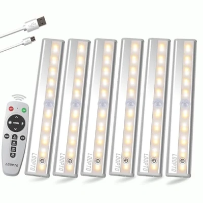 Image de Lot de 6 éclairages rechargeables sous armoire avec télécommande, éclairage LED lumières à piles, sans fil, coller distance/commande tactile 3 couleurs