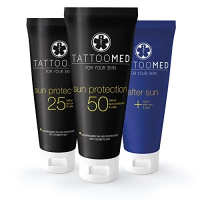 Image de TattooMed Bundle pour Soin Peau Tatouée Crème Solaire/After Sun All In Protection des Tatouages/Couleurs de Tatouage